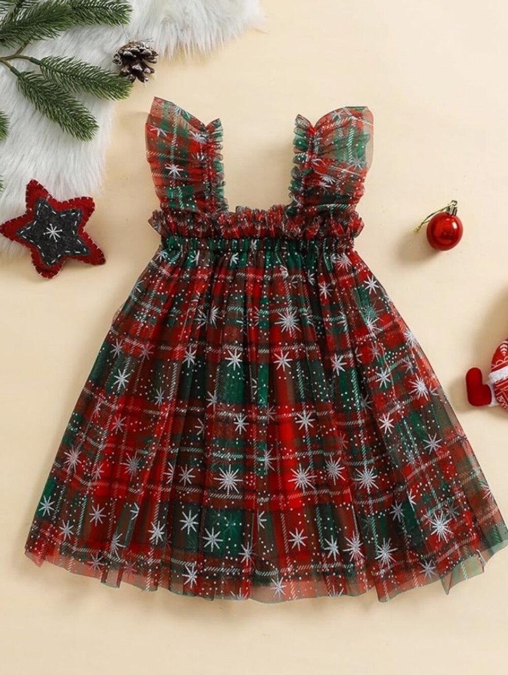 Girls Red & Green Holiday Plaid Tulle Dress